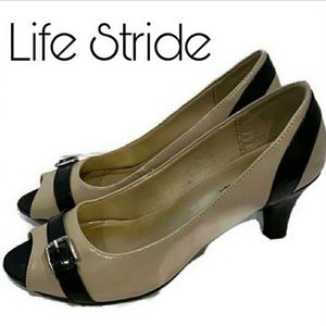 Life Stride Beige Black Peep Toe Women’s Heels 10